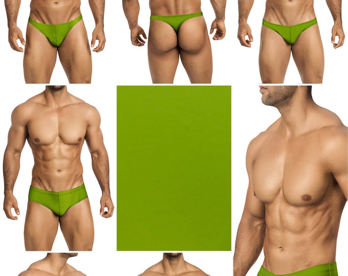 Solid Moss Green Swimsuits for Men by Vuthy Sim in Thong, Bikini, Brief, Squarecut, Boxer or Board Shorts - 26