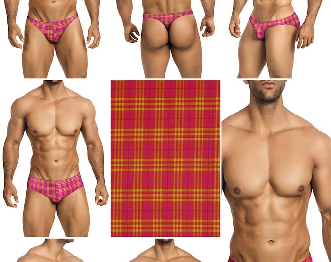 Pink & Yellow Plaid Swimsuits for Men by Vuthy Sim in Thong, Bikini, Brief, Squarecut, Boxer, or Board Shorts - 302