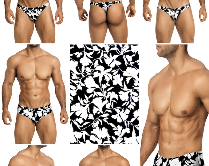 Black & White Botanical Swimsuits for Men in 7 Styles by Vuthy Sim - 332