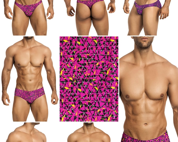 Fuchsia Geometric Swimsuits for Men by Vuthy Sim in Thong, Bikini, Brief, Squarecut, Boxer, or Board Shorts - 294
