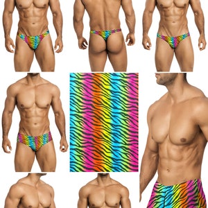 May include: A set of men's underwear in a variety of styles, all featuring a rainbow zebra print. The underwear includes a thong, a brief, and a longer style.