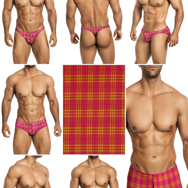 Pink & Yellow Plaid Swimsuits for Men by Vuthy Sim in Thong, Bikini, Brief, Squarecut, Boxer, or Board Shorts - 302