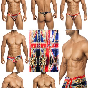 Op de afbeelding: Een set herenondergoed met een rood, wit en blauw patroon met gouden kettingen en een Union Jack-vlagmotief. Het ondergoed is verkrijgbaar in drie stijlen: een string, een slip en een boxer.
