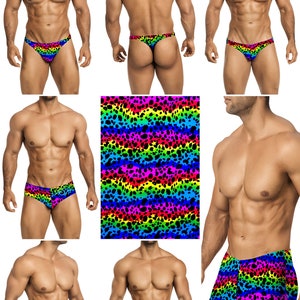May include: A set of men's underwear in various styles, featuring a rainbow and black leopard print pattern. The underwear includes a thong, a brief, and a boxer.