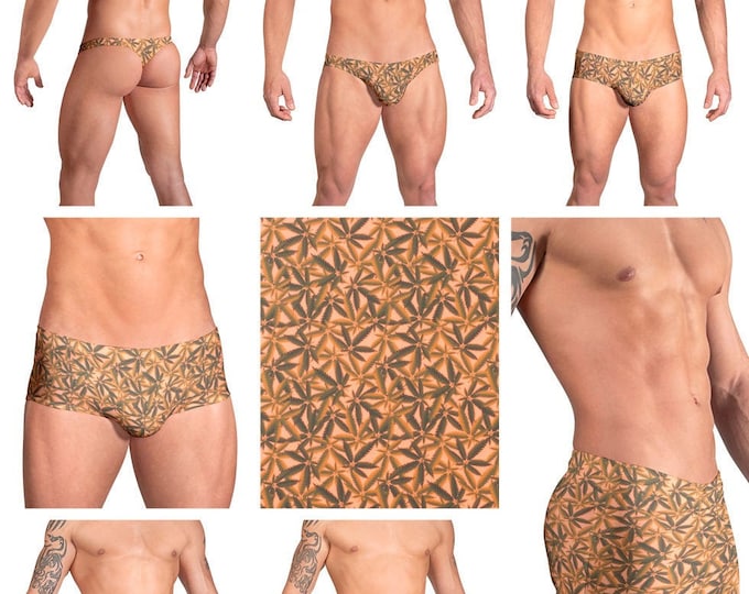 Orange Marijuana Swimsuits for Men by Vuthy Sim in Thong, Bikini, Brief or Squarecut - 102