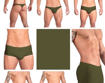 Solid Olive Green Swimsuits for Men by Vuthy Sim in Thong, Bikini, Brief, Squarecut, Boxer or Board Shorts - 10