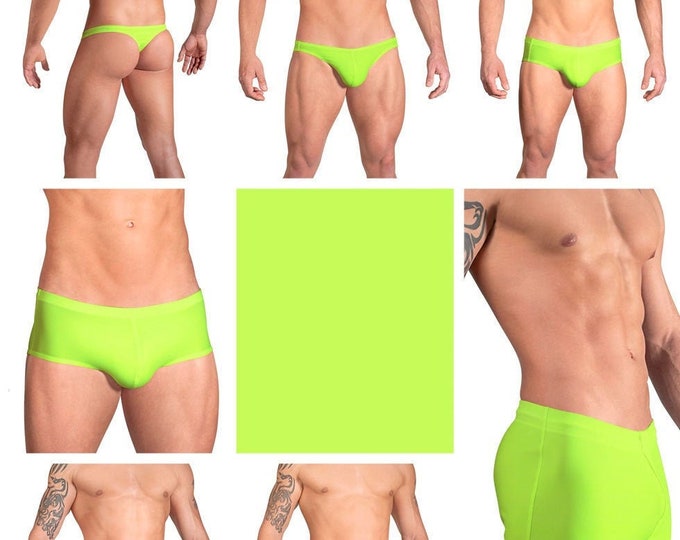 Solid Neon Yellow Swimsuits for Men by Vuthy Sim in Thong, Bikini, Brief, Squarecut, Boxer or Board Shorts - 12