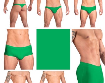 Solid Kelly Green Swimsuits for Men by Vuthy Sim in Thong, Bikini, Brief, Squarecut, Boxer or Board Shorts - 09