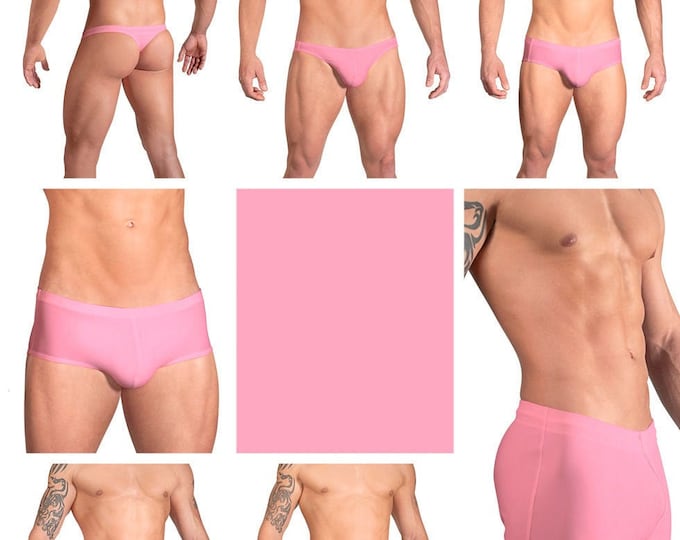 Solid Bubblegum Pink Swimsuits for Men by Vuthy Sim in Thong, Bikini, Brief, Squarecut, Boxer or Board Shorts - 16