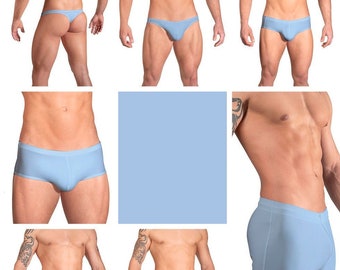 Solid Sky Blue Swimsuits for Men by Vuthy Sim in Thong, Bikini, Brief, Squarecut, Boxer or Board Shorts - 17