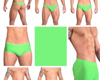 Solid Neon Green Swimsuits for Men by Vuthy Sim in Thong, Bikini, Brief, Squarecut, Boxer or Board Shorts - 14