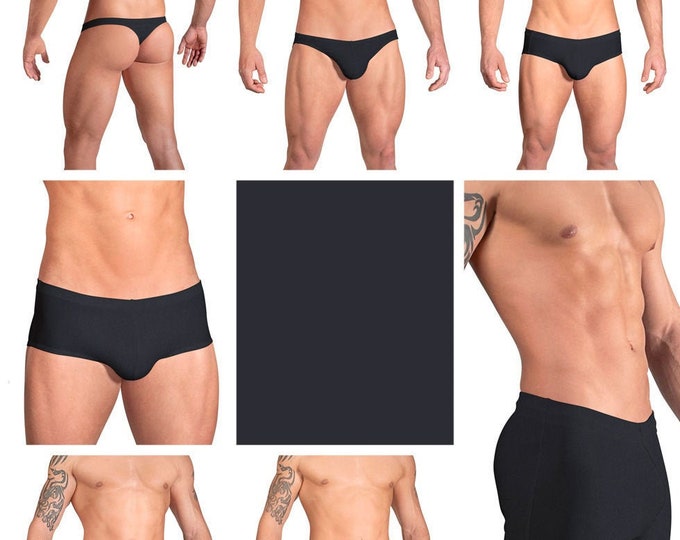 Solid Black Swimsuits for Men by Vuthy Sim in Thong, Bikini, Brief, Squarecut, Boxer or Board Shorts - 03