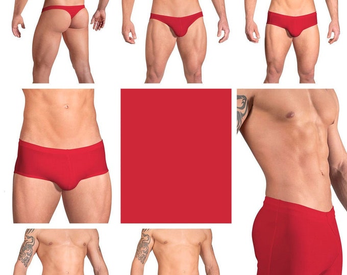 Solid Red Swimsuits for Men by Vuthy Sim in Thong, Bikini, Brief, Squarecut, Boxer or Board Shorts - 05