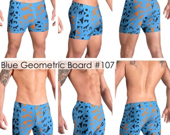 Blue Geometric Print Mens Swimsuits by Vuthy Sim in Boxer & Board Shorts - 107