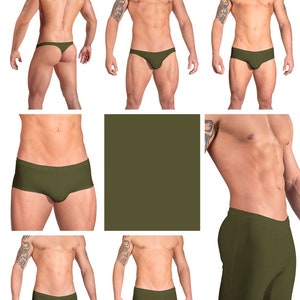 Solid Olive Green Swimsuits for Men by Vuthy Sim in Thong, Bikini, Brief, Squarecut, Boxer or Board Shorts - 10