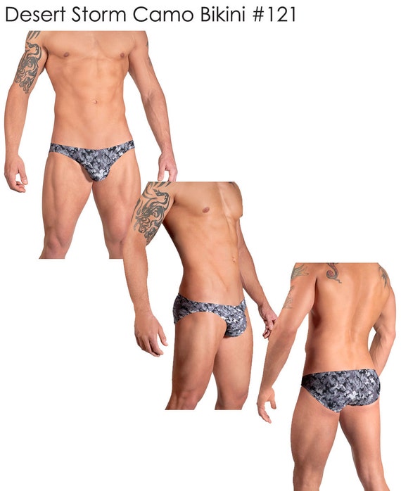 Vuthy Sim Brand Mens Swim G-String Thong In Black Gray White Camouflage Print Vuthy Sim Brand Mens Swim G-String Thong In Black Gray White Camouflage Print