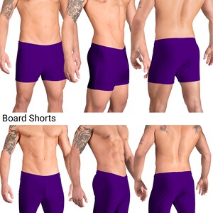 May include: Two different styles of purple athletic shorts. The first pair is labeled "Boxer" and the second pair is labeled "Board Shorts".
