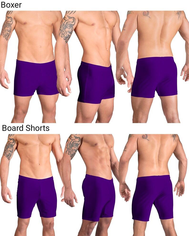 May include: Two different styles of purple athletic shorts. The first pair is labeled "Boxer" and the second pair is labeled "Board Shorts".