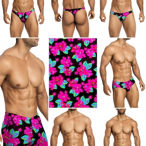 Op de afbeelding: Collectie badkleding met een opvallend bloemenpatroon. De ontwerpen omvatten slips, strings en zwemshorts, allemaal versierd met felroze hibiscusbloemen, groene bladeren en blauwe accenten op een zwarte achtergrond.