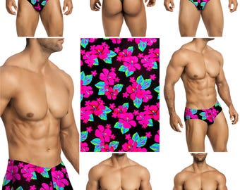 Pink-Blue Hibiscus Swimsuits in 7 Styles for Men by Vuthy Sim - 437