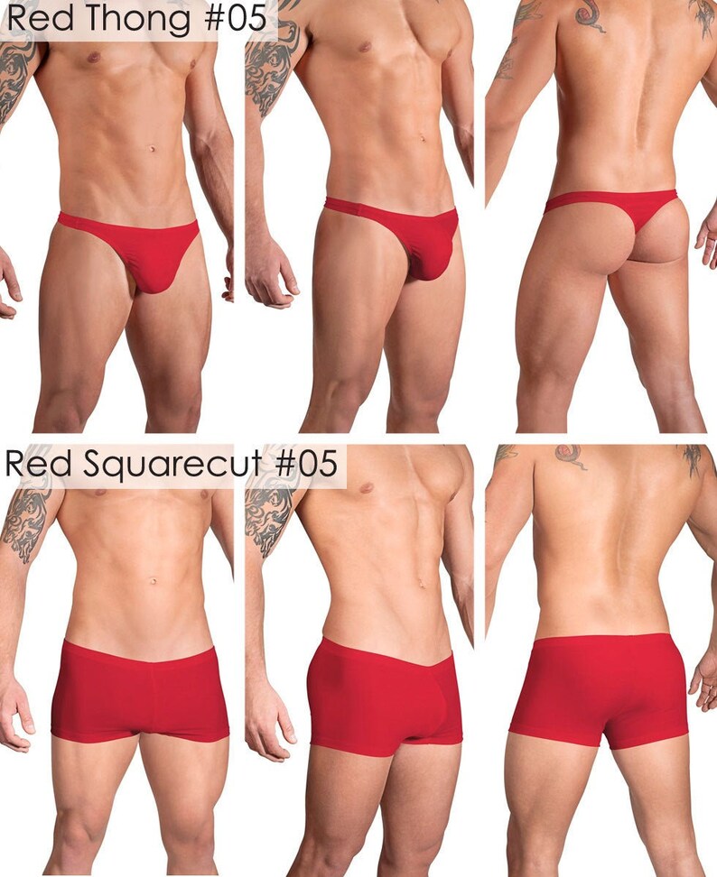 Solid Red Swimsuits for Men by Vuthy Sim in Thong, Bikini, Brief, Squarecut, Boxer or Board Shorts 05 image 3