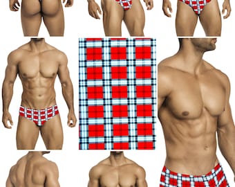 Red & White Plaid Swimsuits for Men by Vuthy Sim.  Choose Thong, Bikini, Brief, Squarecut - 212