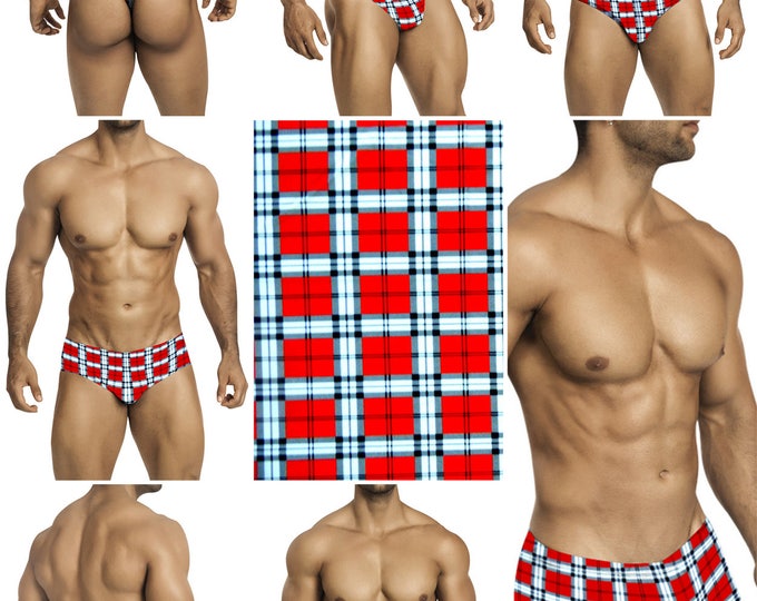Red & White Plaid Swimsuits for Men by Vuthy Sim.  Choose Thong, Bikini, Brief, Squarecut - 212