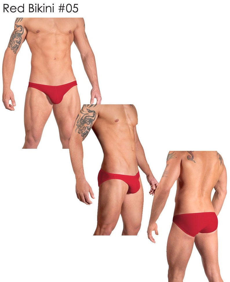 Solid Red Swimsuits for Men by Vuthy Sim in Thong, Bikini, Brief, Squarecut, Boxer or Board Shorts 05 image 2