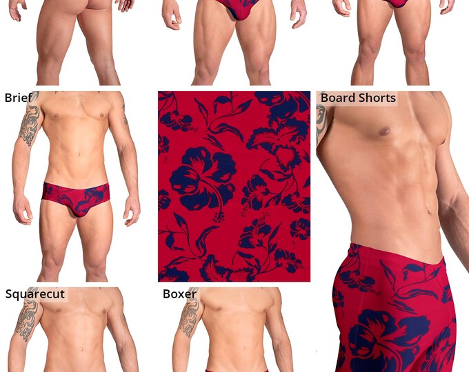 Deep Red & Blue Hibiscus Swimsuits for Men by Vuthy Sim:  Thong, Bikini, Brief, Squarecut, Boxer, Board Shorts - 162