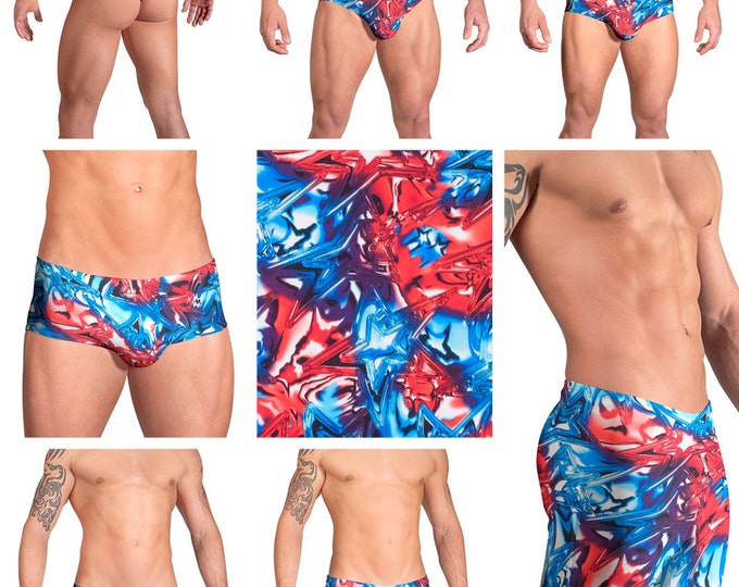 Red, White & Blue "Glass Stars" Print Swimsuits for Men by Vuthy Sim.  Choose Thong, Bikini, Brief, Squarecut - 127