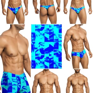 Op de afbeelding: Een collectie zwemkleding met een levendig geometrisch patroon in blauw en cyaan. De set bevat verschillende stijlen zoals slips, zwembroeken en shorts, die allemaal hetzelfde abstracte, hoekige ontwerp met contrasterende blauwtinten tonen.
