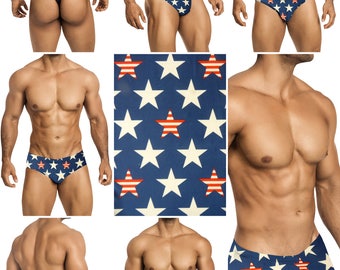 White & Red-Striped Star Swimsuits for Men by Vuthy Sim.  Choose Thong, Bikini, Brief, Squarecut - 180