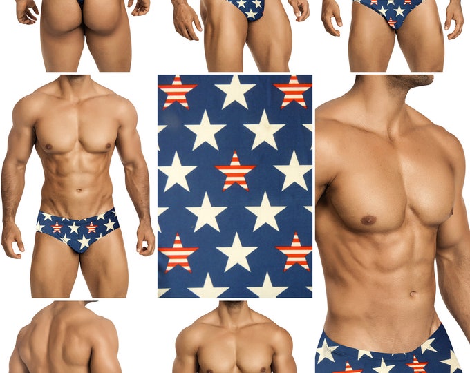 White & Red-Striped Star Swimsuits for Men by Vuthy Sim.  Choose Thong, Bikini, Brief, Squarecut - 180
