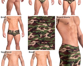 Green and Brown Camouflage Swimsuits for Men by Vuthy Sim.  Thong, Bikini, Breif, Squarecut - 156