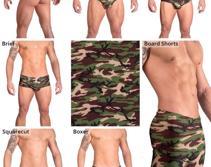 Green and Brown Camouflage Swimsuits for Men by Vuthy Sim.  Thong, Bikini, Breif, Squarecut - 156