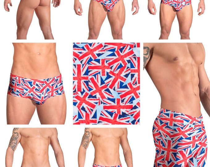 Union Jack Mens Swimsuits by Vuthy Sim.  Choose Thong, Bikini, Brief, Squarecut, Boxer, or Board Shorts - 115