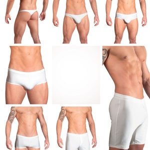 Solid White Swimsuits for Men by Vuthy Sim in Thong, Bikini, Brief, Squarecut, Boxer, or Board Shorts 01 image 1