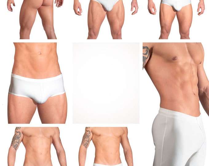 Solid White Swimsuits for Men by Vuthy Sim in Thong, Bikini, Brief, Squarecut, Boxer, or Board Shorts - 01