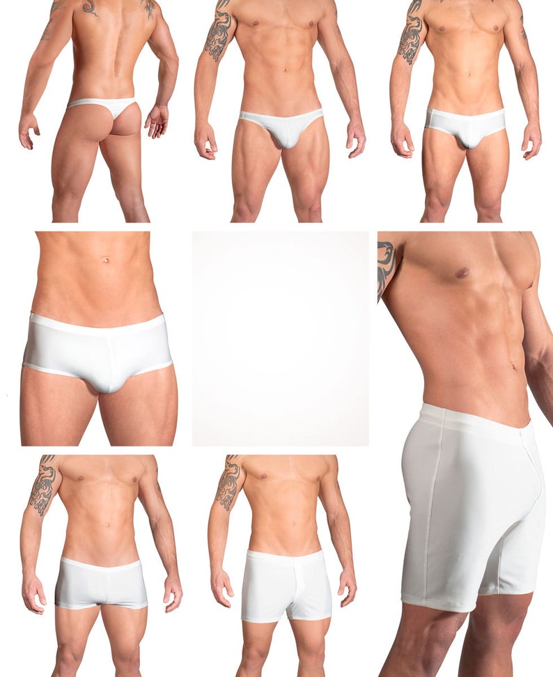 Solid White Swimsuits for Men by Vuthy Sim in Thong, Bikini, Brief, Squarecut, Boxer, or Board Shorts 01 image 1