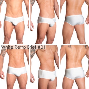 Solid White Swimsuits for Men by Vuthy Sim in Thong, Bikini, Brief, Squarecut, Boxer, or Board Shorts 01 image 3