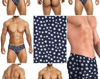 White Milky Way Stars on Navy Blue Swimsuits for Men by Vuthy Sim.  Choose Thong, Bikini, Brief, Squarecut - 186