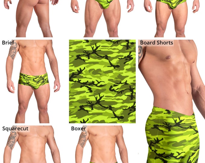 Bright Neon Green Camouflage Swimsuits for Men by Vuthy Sim.  Thong, Bikini, Brief, Squarecut - 157