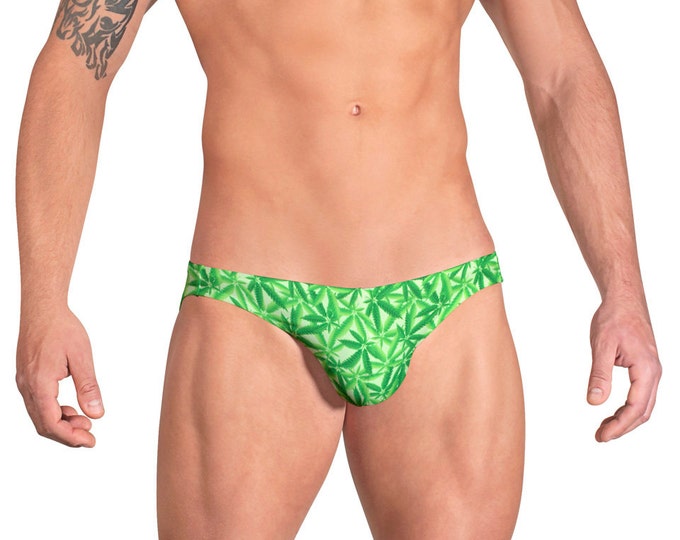 Green Marijuana Print Swim Bikini for Men by Vuthy Sim   101-2