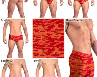 Bright Orange and Red Camouflage Swimsuits for Men by Vuthy Sim.  Thong, Bikini, Brief, Squarecut, Boxer, or Board Shorts - 158
