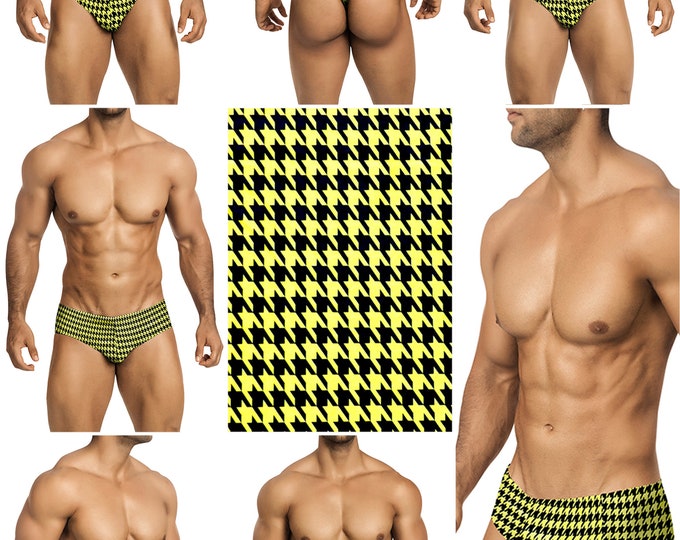 Yellow & Black Houndstooth Vuthy Sim Mens Swimsuits in 5 Styles - 266