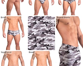 Gray, Black and White Camouflage Swimsuits for Men by Vuthy Sim.  Thong, Bikini, Brief, Squarecut, Boxer, or Board Shorts - 155