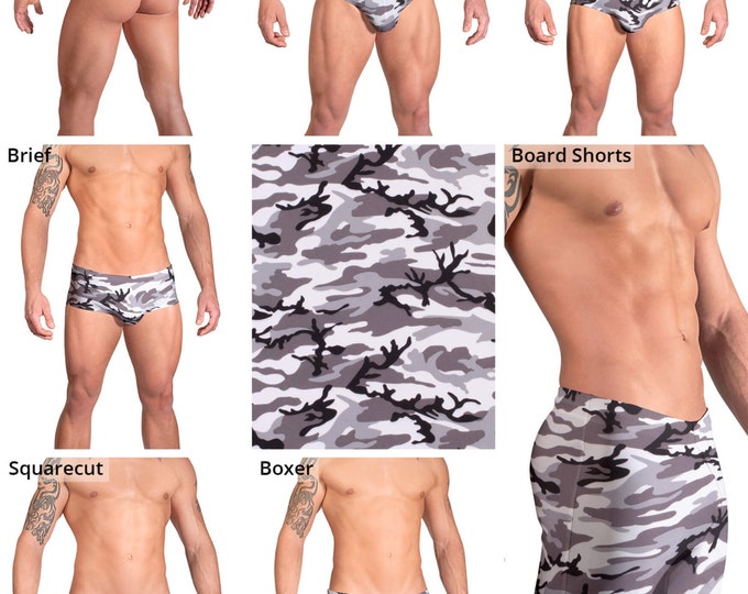 Gray, Black and White Camouflage Swimsuits for Men by Vuthy Sim.  Thong, Bikini, Brief, Squarecut, Boxer, or Board Shorts - 155