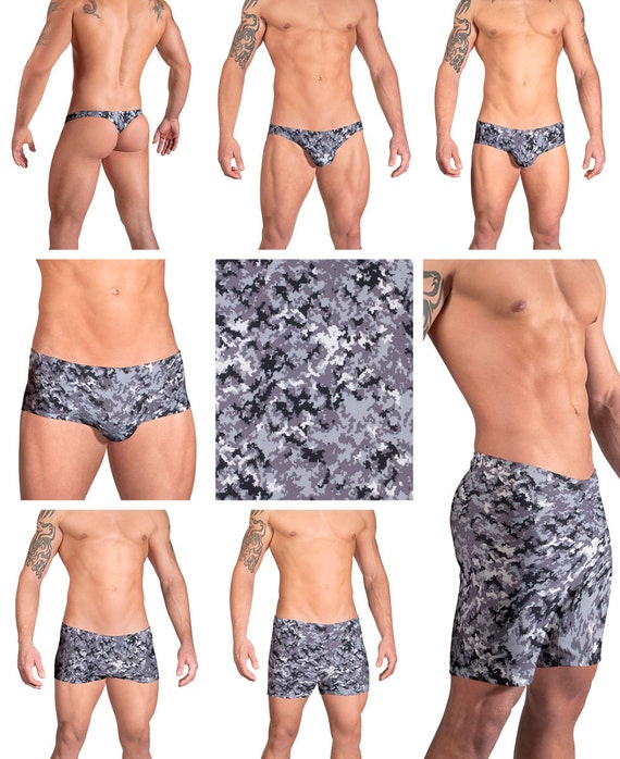 Vuthy Sim Brand Mens Swim G-String Thong In Black Gray White Camouflage Print Vuthy Sim Brand Mens Swim G-String Thong In Black Gray White Camouflage Print