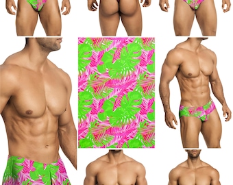 Pink-Green Tropical Swimsuits in 7 Styles for Men by Vuthy Sim - 460