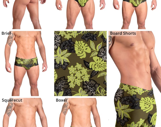 Green Tropical Leaf Swimsuits for Men by Vuthy Sim.  Thong, Bikini, Brief, Squarecut - 163